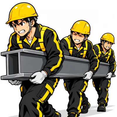 鉄骨を人の手で運ぶ作業員のイラスト